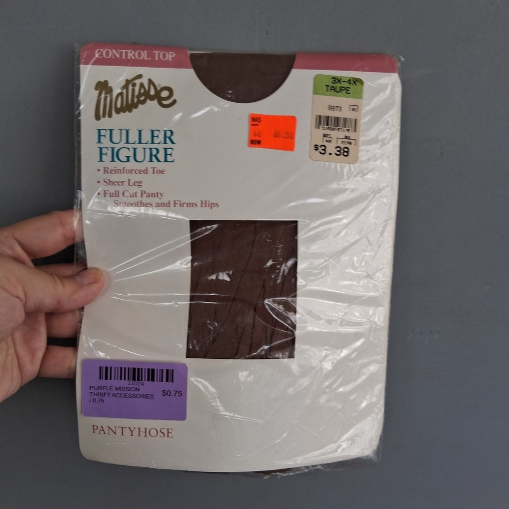 Vtg Matisse Fuller Figure Control Top Pantyhose Taupe 3X-4X Reinforced Toe USA